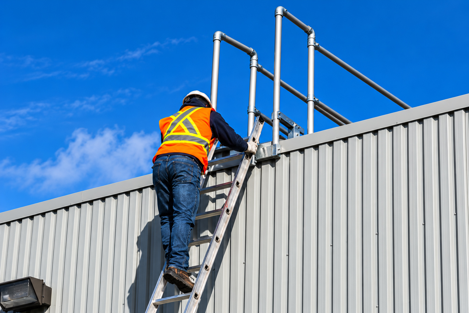 Rooftop Fall Protection Ladder Being Climbed up with Guardrails